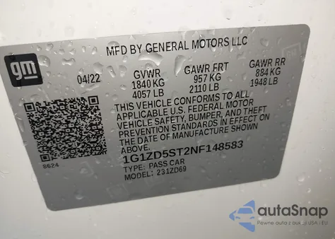 2022 Chevrolet Malibu Lt из США, поврежденный, VIN 1G1ZD5ST2NF148583